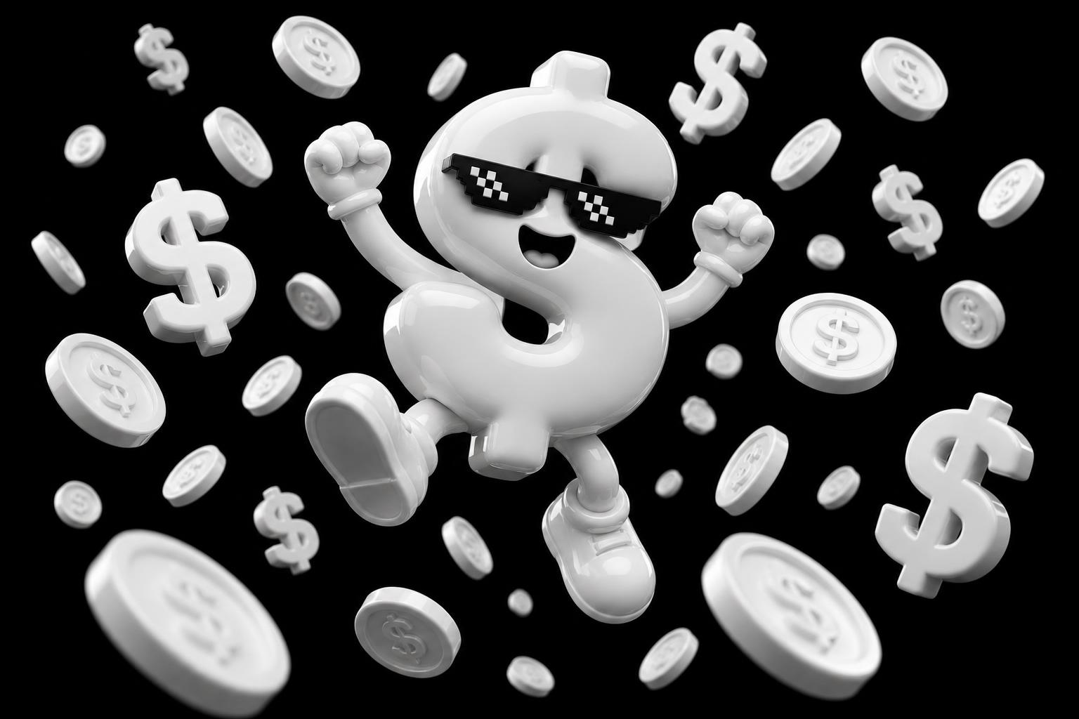CashTag mascot celebrating among rewards